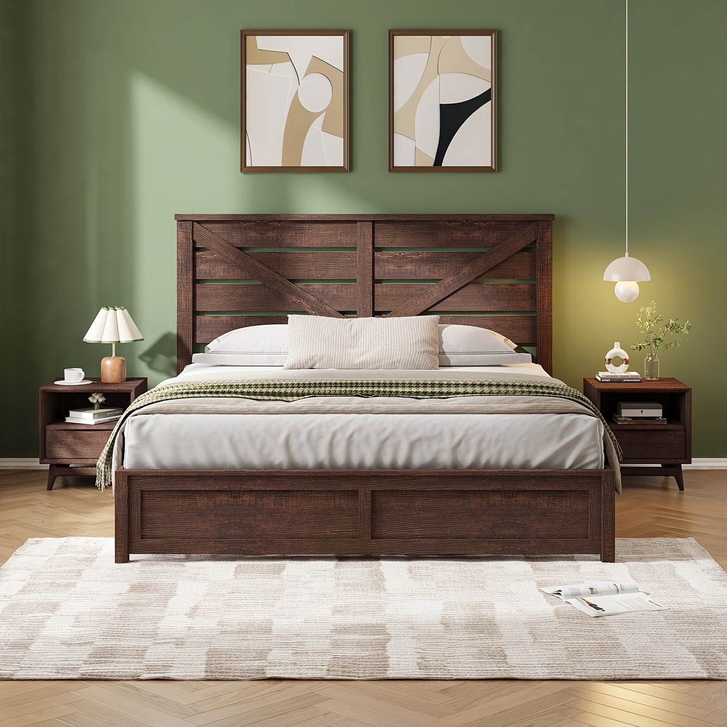 LUXOAK Farmhouse Wooden Platform Bed Frame with 49.2" Headboard - No Box Spring Needed, Noise-Free, Easy Assembly