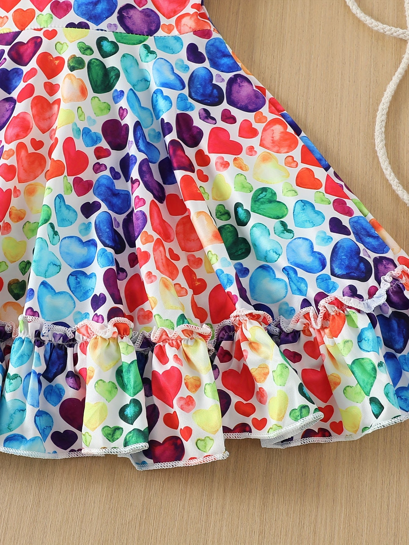 1pc Elegant Polyester Dress for Girls, Ruffled Hem Princess A-Line with Flutter Sleeves, Colorful Heart Pattern, Spring/Summer Knitwear