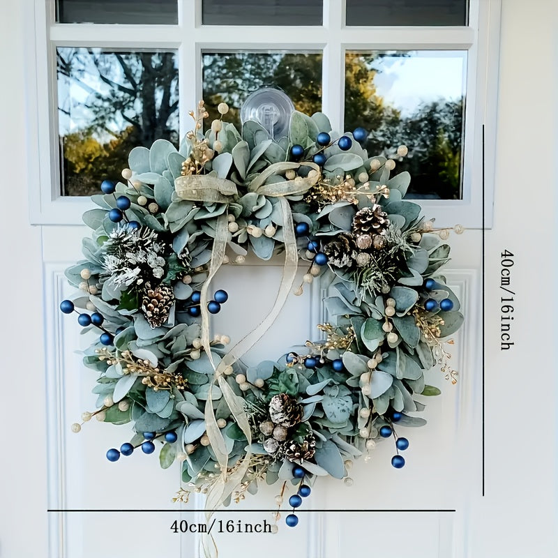16-Inch Blue Eucalyptus Wreath with Golden Sheep Ears & Pine Cones - Elegant Front Door Decoration, Durable Plastic Faux Foliage for Year-Round Use, Christmas, Halloween, Housewarming Gift - Easy to Hang, No Maintenance Requi