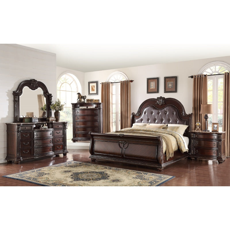 1pc Traditional Style Faux Leather Upholstered Headboard | Button Tufted, Antique Brown End, Formal Queen Sleigh Bed, Vintage Style