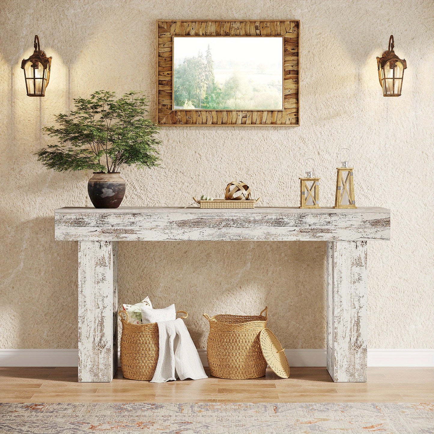 63" Farmhouse Console Table, Natural Wooden Sofa Table Rectangular Accent Console for Entryway, Hallway & Living Room (Distressed White)