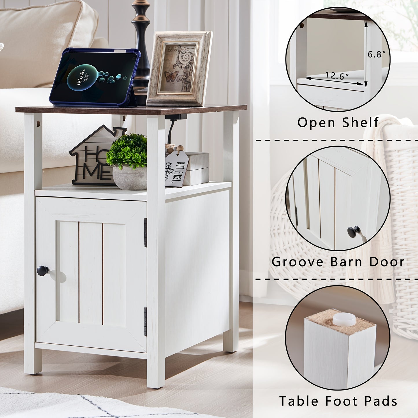 Farmhouse Nightstand Set Of 2 with Charging Station, End Table with Drawers And Storage Shelves for Living Room Bedroom