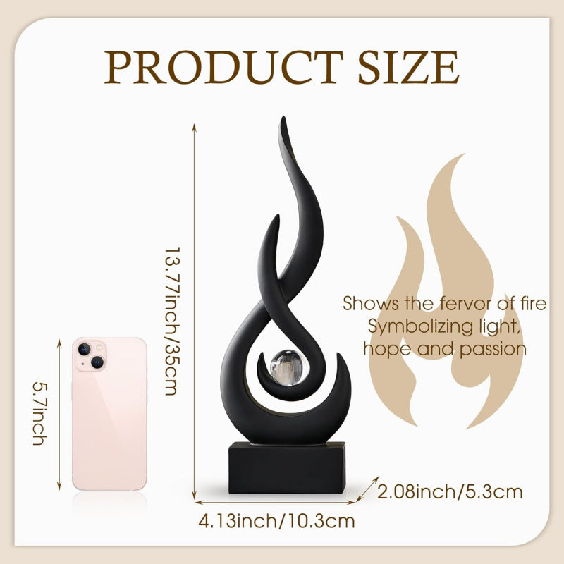 Abstract Black Flame Sculpture Statue with Glass Ball - Modern Elegant Resin Art Figurine, Dynamic Flame Design Indoor/Outdoor Centerpiece for Home Decor, Holiday & Year-Round Decoration (Halloween/Christmas/Easter/Thanksgivi