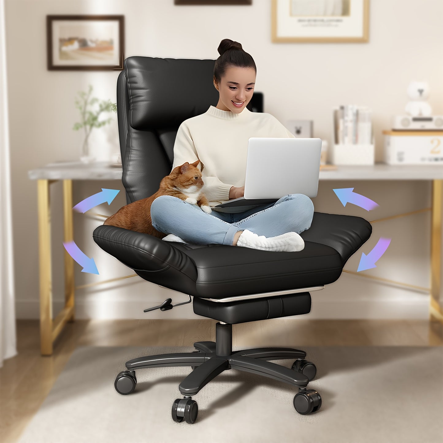Ergonomic Big & Tall Executive Office Chair with Foot Rest - Wide Seat PU Swivel Chair, Adjustable Height Headrest & Armrests, / - Compatible for Office, Gaming Desk Chair