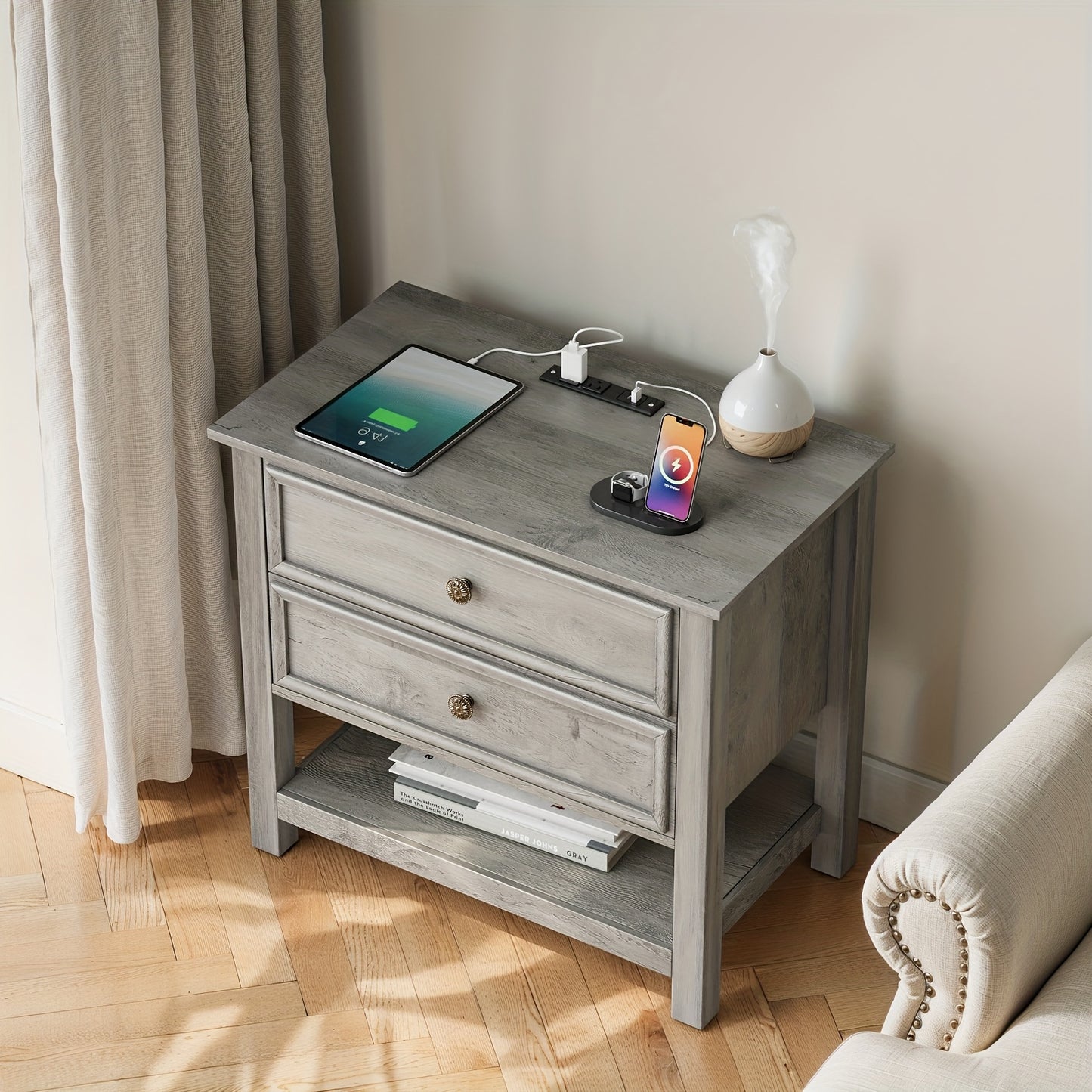 One Or Two Bedside Tables with Charging Docks, a Double-Drawer Dresser for The Bedroom, a Bedside Table with Storage Features, a Three-Tier Open Shelf Bedside Table for The Living Room, Multifunctional Furniture, And a Wooden