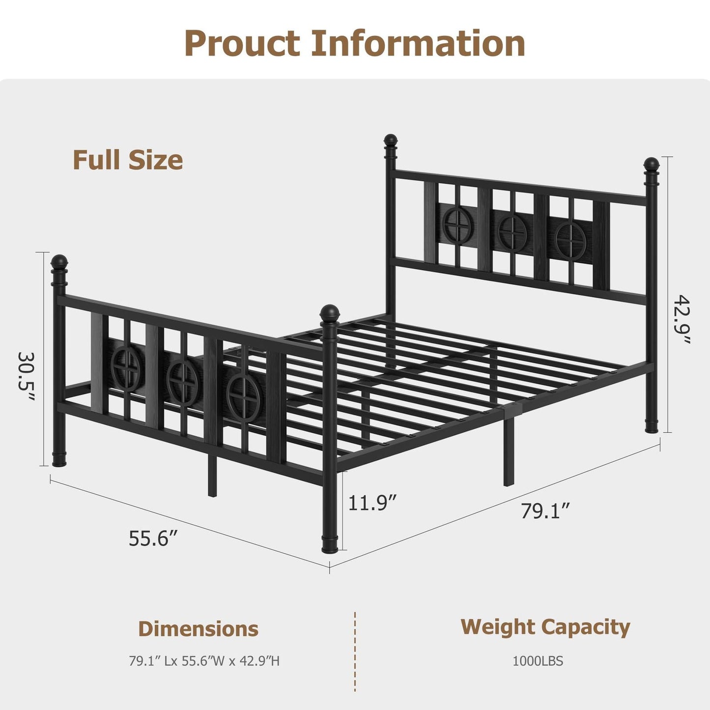 Bed Frame with Headboard and Footboard, Metal Twin Bed Frame with Vintage Circular Design & Storage Space Under Bed, No Box Spring Required, Easy Assembly, Noise-Free