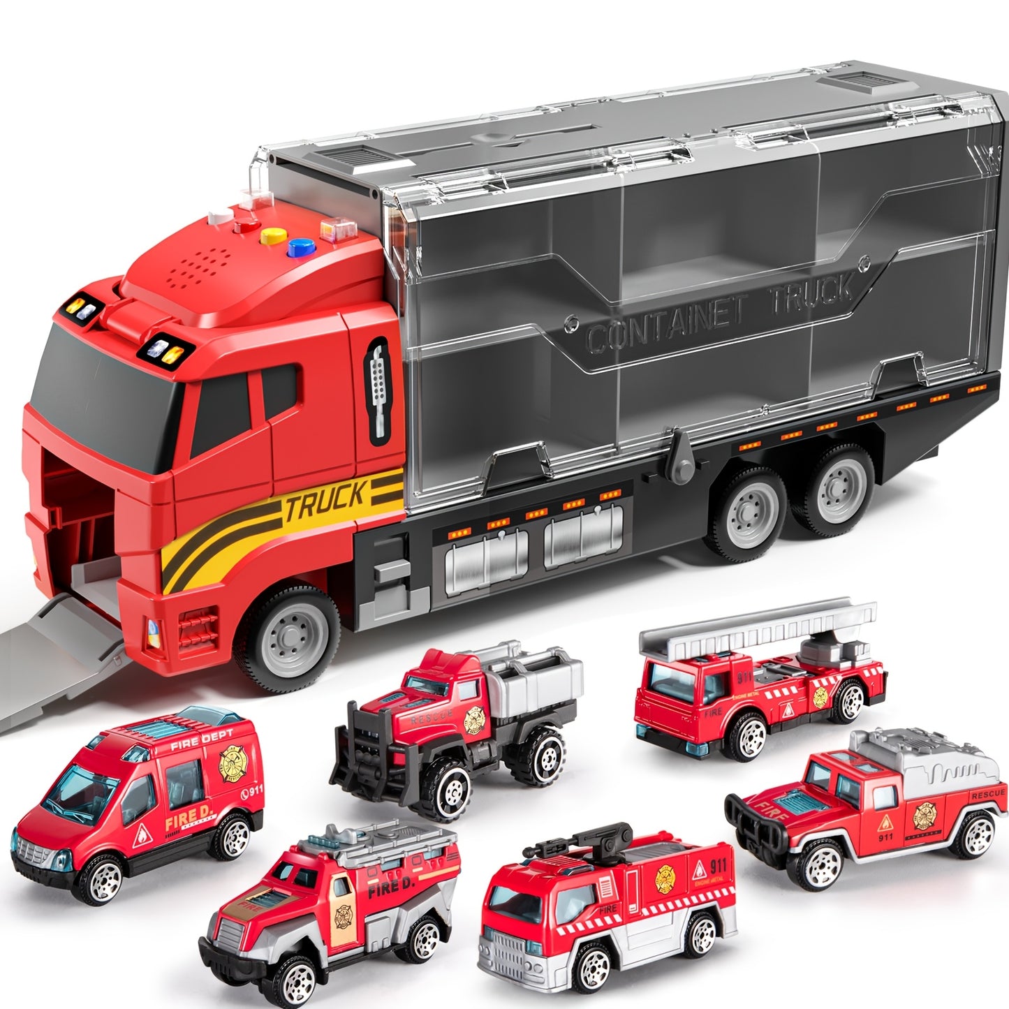 Die-Cast Metal Fire Truck Toy Set with Play Mat - Red & Black Carrier Truck, 4 Fire Engines, 2 Ladder Trucks, and 2 Rescue Vehicles - Perfect Christmas or Birthday Gift for Boys & Girls Ages 3-6, Fire Truck Toy, Playful Desig