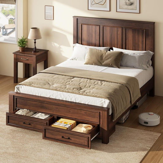 Wooden Platform Bed Frame Featuring a Tall 52.2" Headboard And Footboard, Along with Two Spacious Storage Drawers.