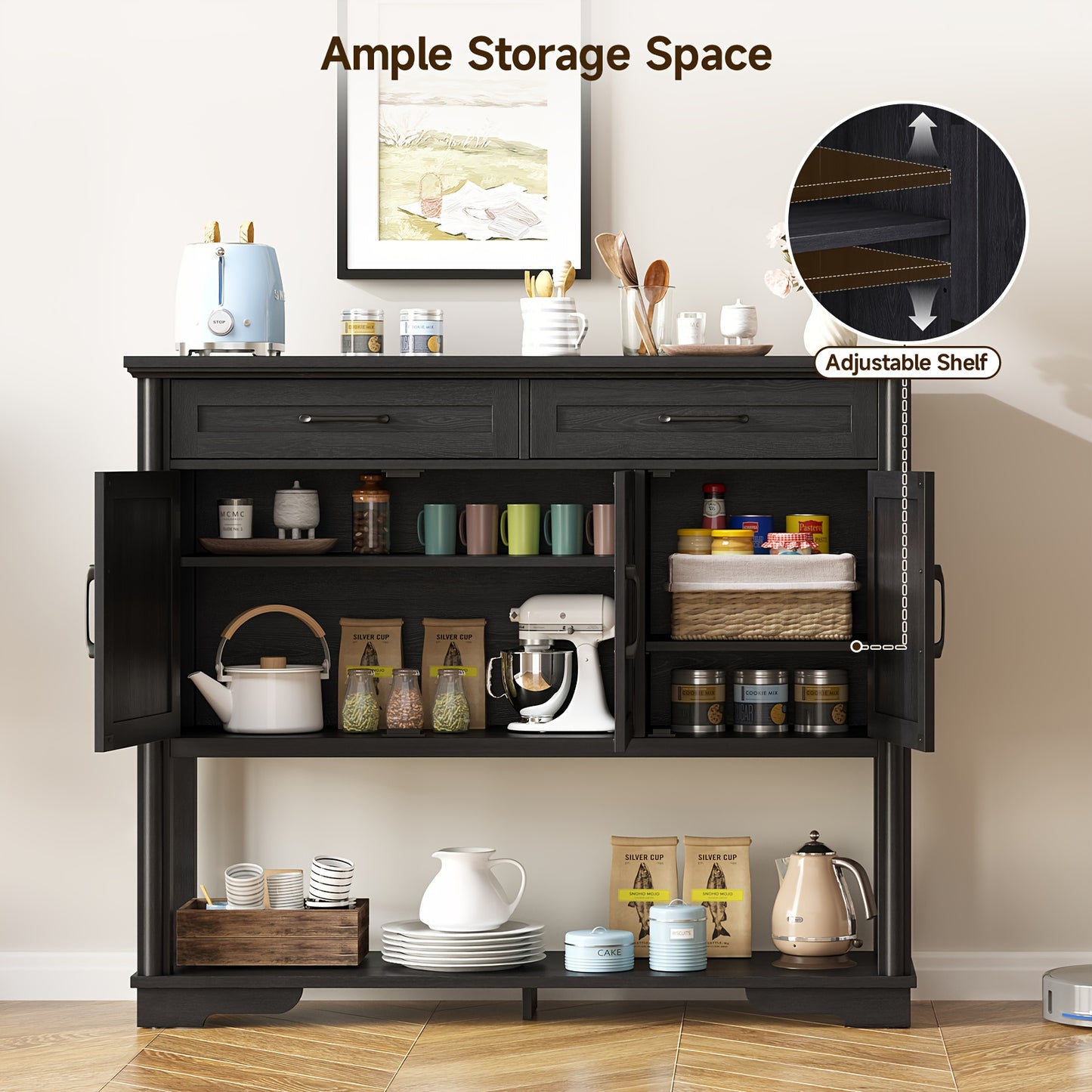 47.2 Inch Buffet Sideboard With Storage, Console Table With 2 Drawers And 3 Doors, Open Storage Shelf, Farmhouse Entryway Table With Adjustable Shelves, Coffee Bar Buffet Cabinet For Kitchen, Living Room, Black