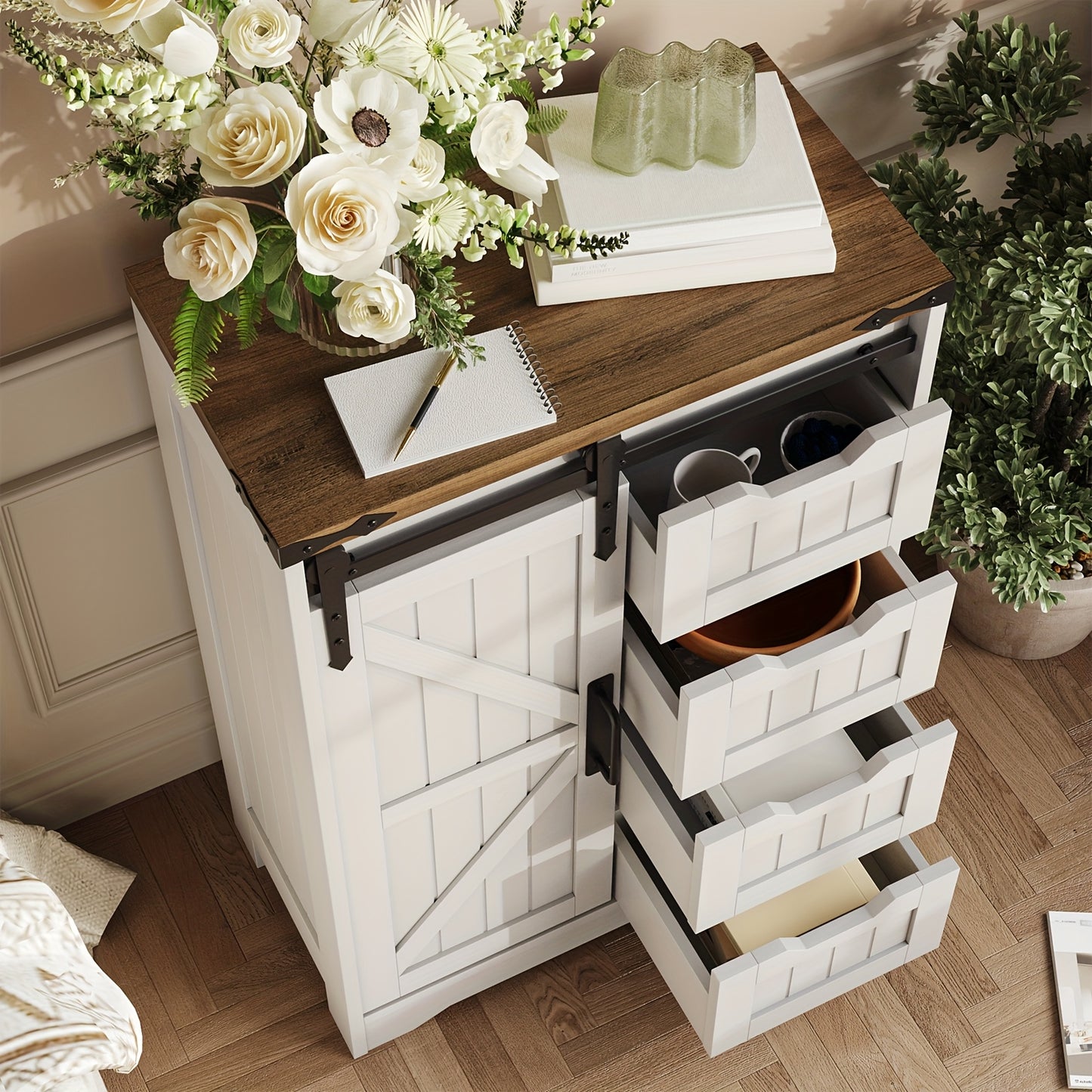 Farmhouse Bathroom Floor Storage Cabinet | 4 Small Drawers for Easy Sorting, Hardwood, White, VABCHES
