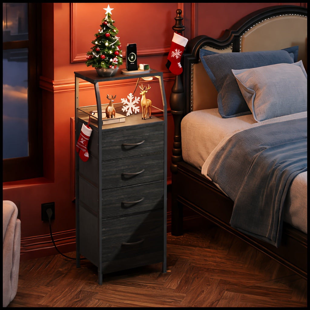 Modern Tall Night Stand with Charger Station & - LED Suitable for Bedroom/Living Room, 4-Drawer Dresser with Fabric Storage Bins, Bedside Table with Shelf, Engineered Wood/MDF Frame, Assembly ( Plug)