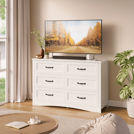 ASOFER 6 Drawer Dresser for Bedroom, White Modern Wood Dresser with Mental Handle, 3.2+ Cubic Feet Storage, 27+ Inch Height, Hardwood Construction, Entryway, Hallway, Cloakroom, Easy Assembly, ≥30 lbs Weight, ASOFER