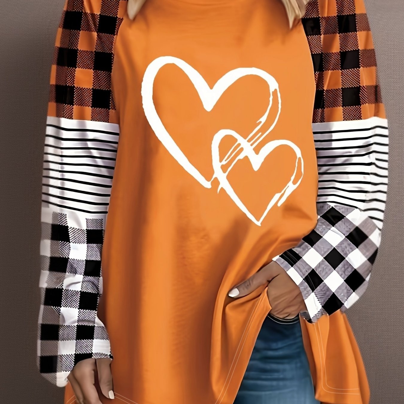 Plus Size - Plus Size - A Women'S Casual Long-Sleeve T-Shirt Featuring a Heart-Shaped Design, Made from Fabric, with a Round Neck Style, Part of The Autumn And Winter Collection, Available in Large Loose Sizes from 0XL to 9XL