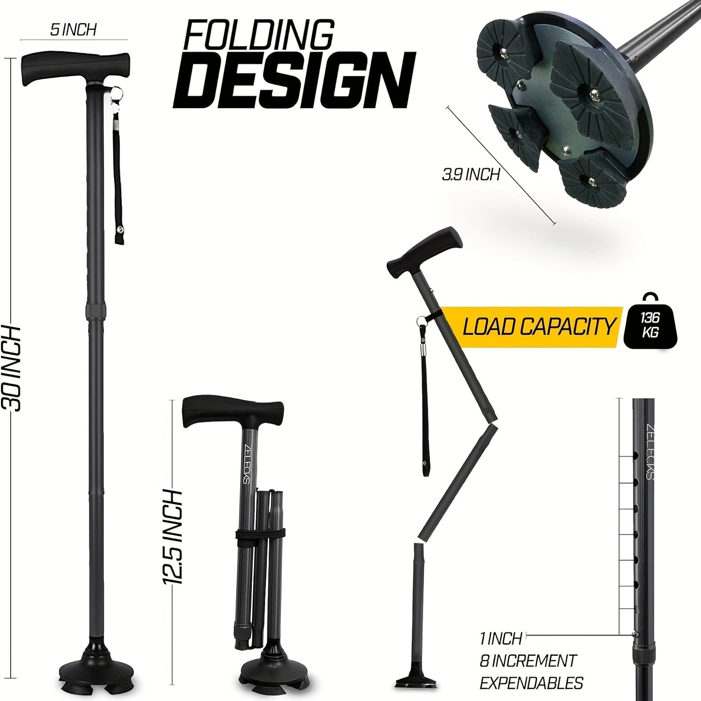 Adjustable Folding Walking Cane for Seniors - Lightweight Self-Standing Collapsible Design with T-Handle & 360° Pivot Base, 300lb Capacity, Ergonomic Grip, Compact Storage, Black, Elderly Mobility Aid, Secure Locking Mechani