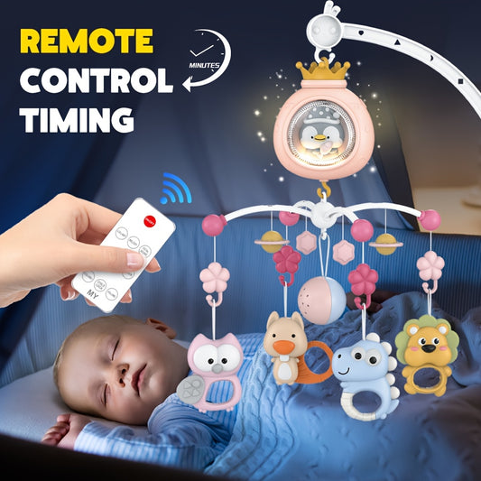 Baby Musical Crib Mobile with 150 Lullabies & Remote Control, Rotating Bed Hanging Toy with Soothing Lights & 150 Melodies, Bedside Mobile for 0-36 Months, Pink/Gray/Blue (Easy Install, Durable Plastic)