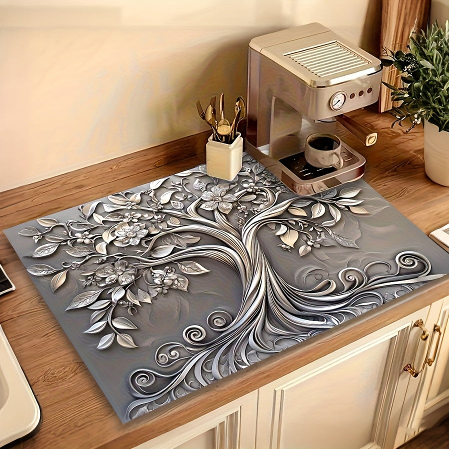 Silvery Plant Stove Cover Protector - Heat-Resistant Kitchen Counter Mat, 28.46x20.59 Inches, Non-Slip Washer/Dryer Pad, Floral Design, Scratch-Resistant & Easy-to-Clean Home Decor, Flat Product, Image for Reference Only