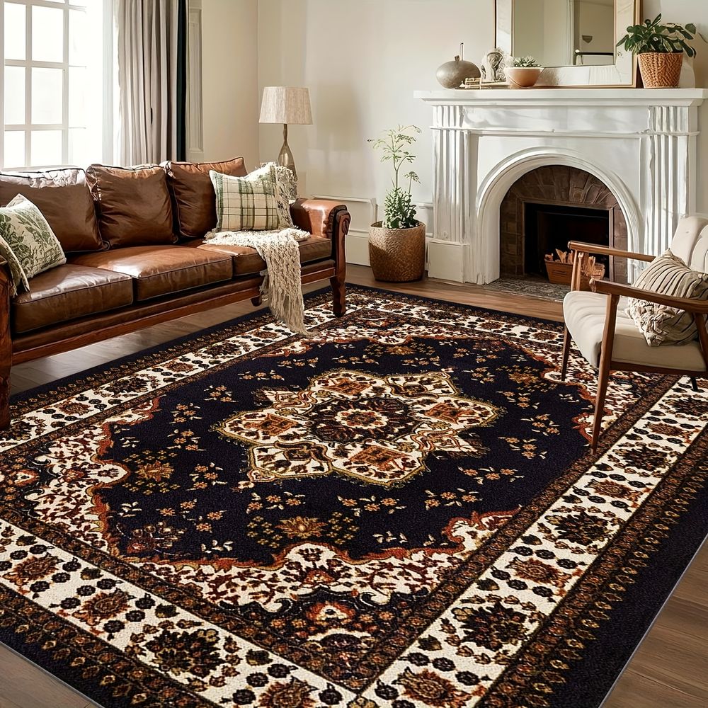 Large Luxury Ultra-Soft Washable Suitable for Bedroom & Dining Room - Non-Slip Low Pile Rug with Oriental Floral Pattern, Non-Shedding Backing, Machine Washable Suitable for Indoor, Spring Easter Rug, Retro Large