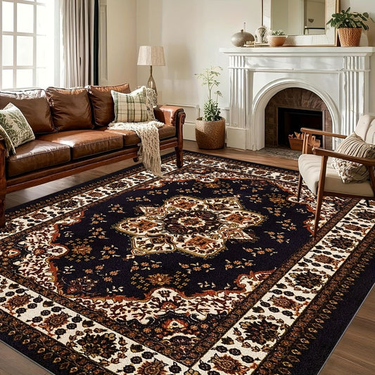Large Luxury Ultra-Soft Washable Suitable for Bedroom & Dining Room - Non-Slip Low Pile Rug with Oriental Floral Pattern, Non-Shedding Backing, Machine Washable Suitable for Indoor, Spring Easter Rug, Retro Large