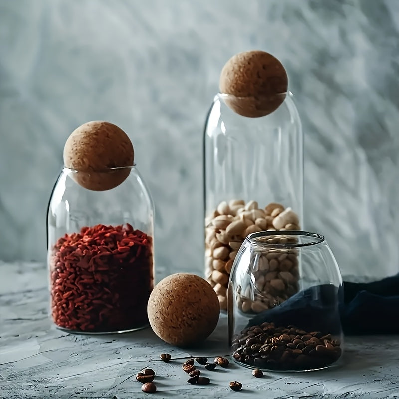 3pcs Glass Storage Container With Spherical Cork Stopper, 17 Oz/500ml Glass Jar, Perfect For Storing Tea, Flowers, Nuts, Candies, Etc. - A Must-have For Kitchen Organizing