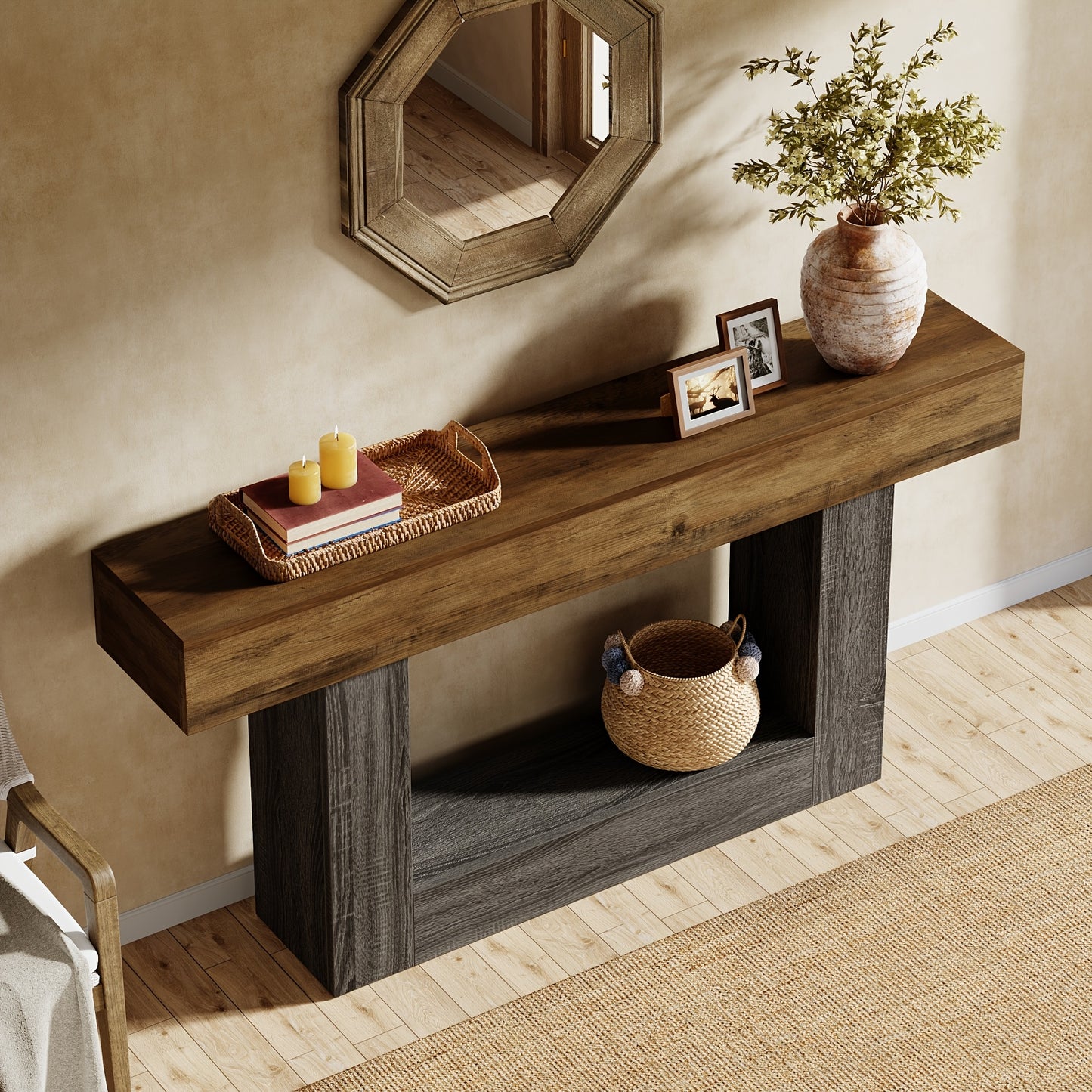 63" Narrow Long Console Table With Storage, Farmhouse 2-Tier Entryway Table With U-Shaped Base, Vintage Wood Sofa Table Behind Couch Table For Living Room, Hallway, Foyer, Rustic Brown And Grey
