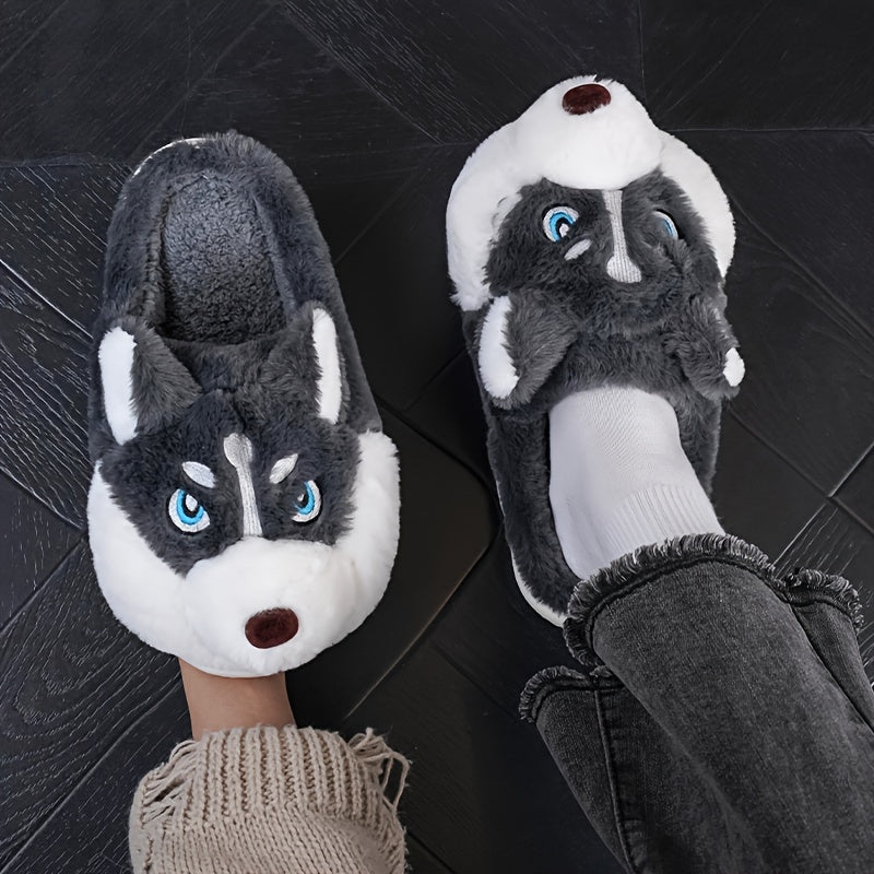 Unisex Husky Dog Slippers for Men & Women, Winter Warm Indoor/Outdoor Shoes, Slip-Resistant