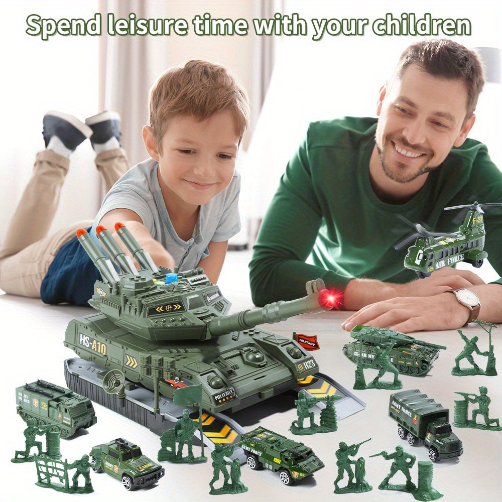 A Military Vehicle Set, Featuring Combat Tank Toys with Realistic Lights And Sounds, Includes 6 Mini Alloy Military Vehicles And Soldier Figurines, Making It a Perfect Gift for Kids.