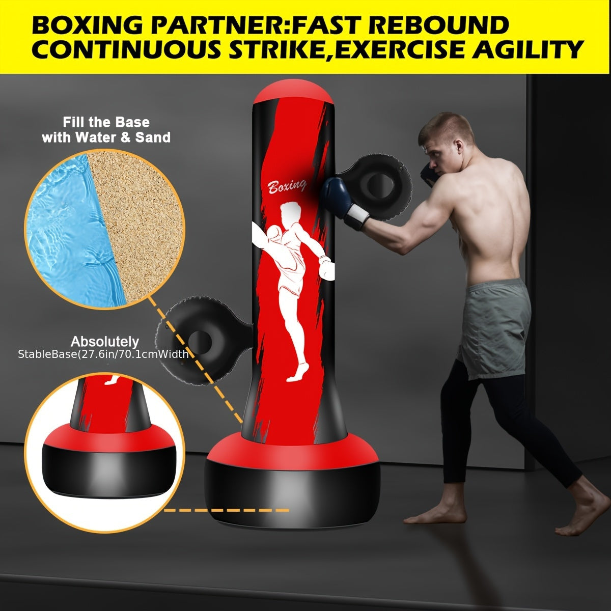 Independent Punching Bags Designed for Adults - 69" Tall Heavy Boxing Suitable for Men - Inflatable Kickboxing for Home, Office, Or Gym with Two Target Points - Red - Perfect Christmas Gift (Remember to Wear Gloves)