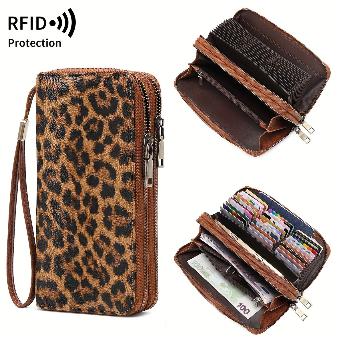 Retro Leopard Print Women'S Double Zipper Multi-Slot Large-Capacity Wallet, Fashion Handbag, Lining, RFID Blocking, Multi-Function Credit Card Clip, Women'S Clutch Bag with Wristband, Birthday Gift, Valentine'S Day Gift