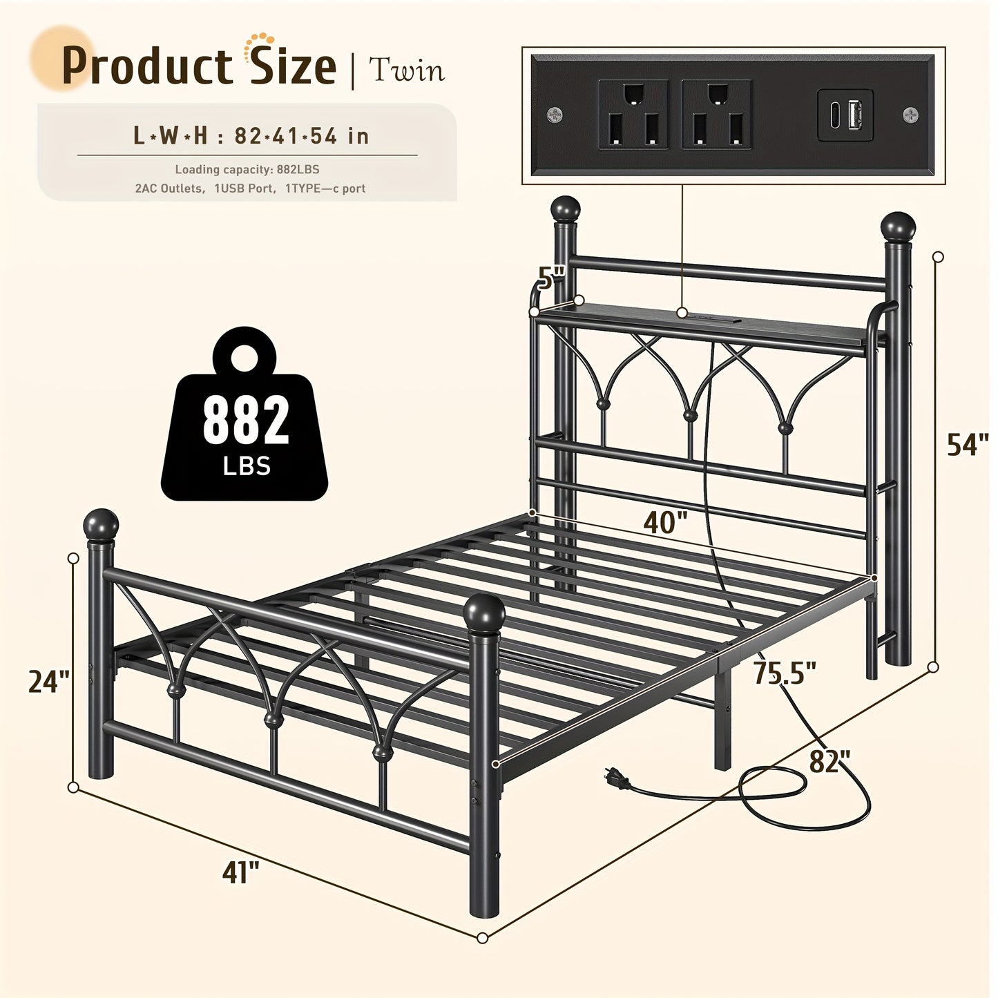 Metal Bed Frame With LED Lights, Twin/Full/Queen/King Size Bed Frame With Headboard, Heavy Duty Sturdy Mattress Foundation With Storage Space, Strong Metal Slats Support, Noise Free, No Box Spring Needed, Black