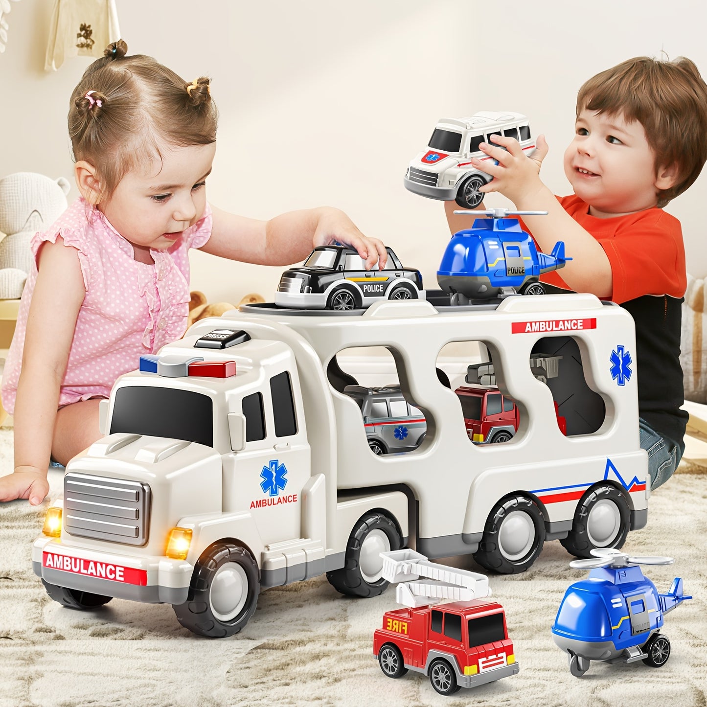 Babyhome Ambulance Truck 5 in 1 with Lighting & Sound, Friction Power Vehicle, Rescue Helicopter, Police Car, Fire Truck, Ambulance, Christmas, Birthday Gift, Interactive Toy Combination Toy Car