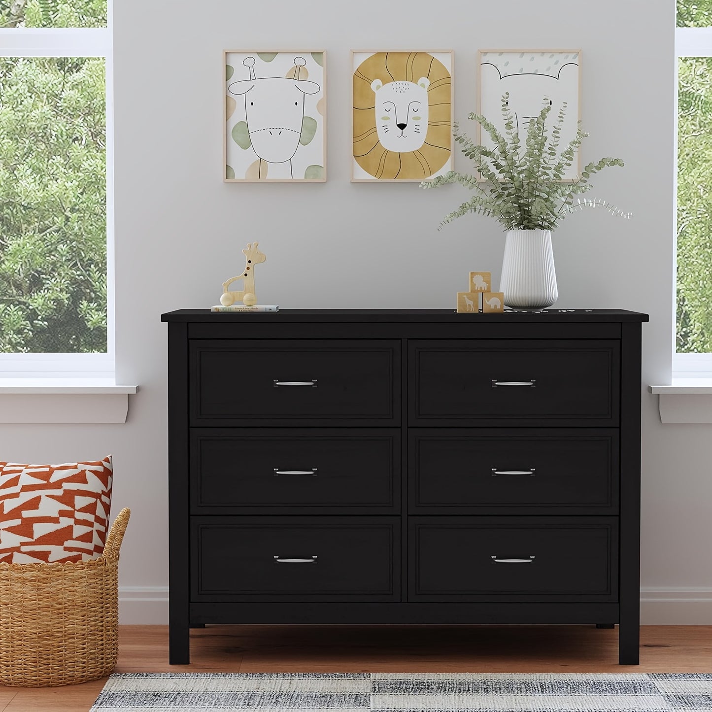 6 Drawer Dresser, Retro Chest Of Drawers with Metal Handle, Double Wood Dresser for Bedroom, Living Room, Large Storage Cabinet