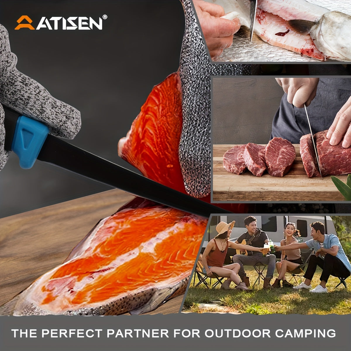 ATISEN 8pcs Fish Horn Knife Set, Fishing Set, Filleting Knife, Cutting Gloves, Cleaning Sponge, Fishing Line Cutter with Stretching Cord Loss Prevention, Wilderness Survival Knife, Outdoor Camping Supplies, Suitable Gifts for