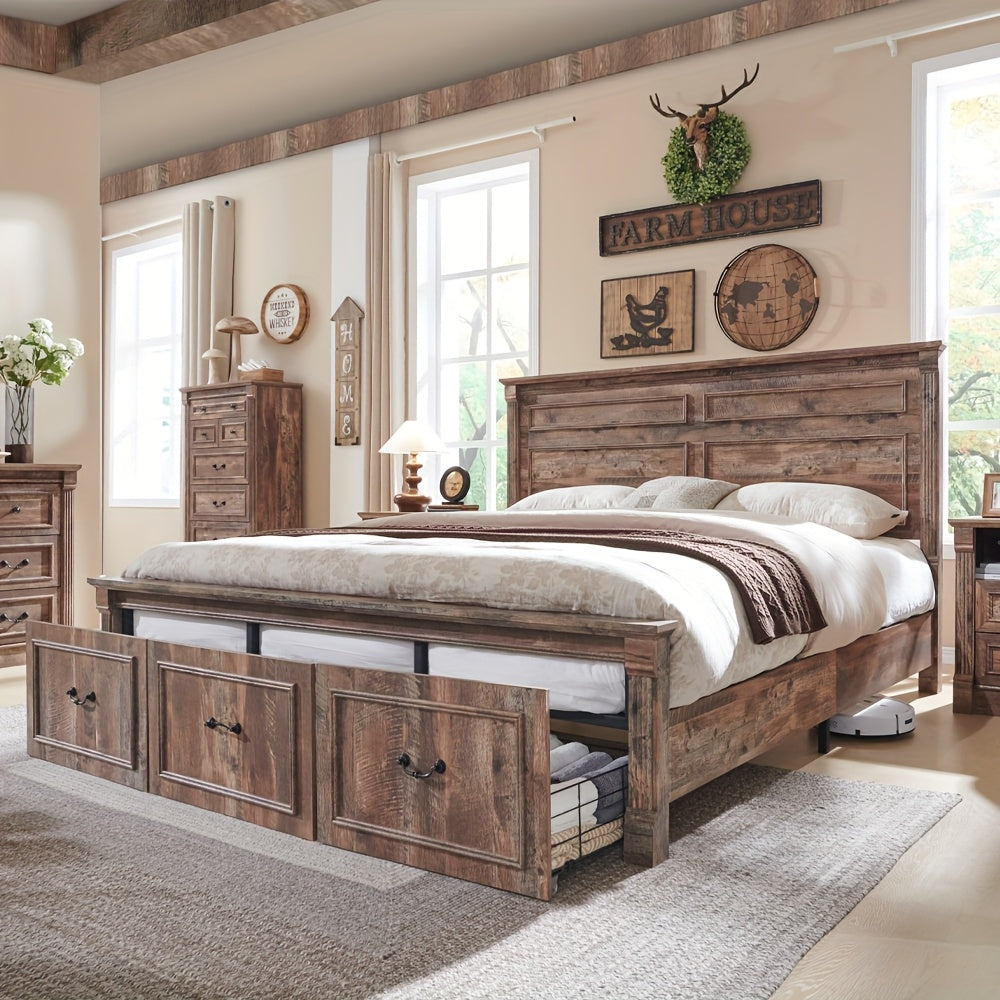 Farmhouse King Size Bed Frame with 51" Tall Headboard, Wood Platform Bed Frame with 20" Tall Roman Column Decoration Footboard & 3 Large Storage Drawers, No Box Spring Needed