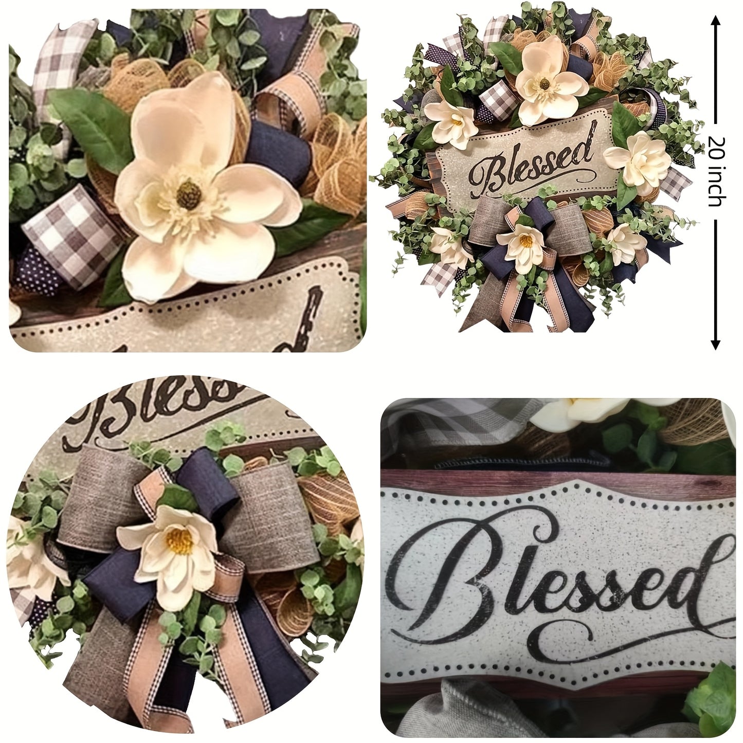 1 Extra-Large 20-Inch Farmhouse-Style Wreath- Elegant Magnolia Floral Door Decoration, Plaid Pattern, Rustic Porch Accent, Perfect for Thanksgiving, Halloween, Christmas, Garden Decor, Cozy Home Accent, Natural Leaf Design, F