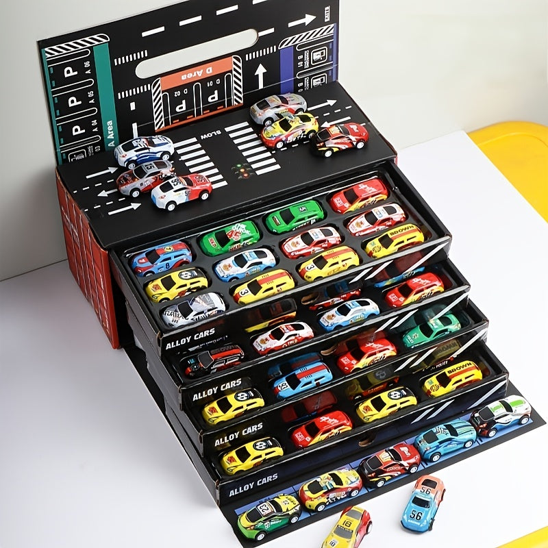 24pcs / 48pcs Pull-Back Racing Car Model Set | Various Iron Alloy Simulation Racing Include Map, Parking Lot, And Four-Story Garage | Gift Box Collector'S Edition with Rich Interactive Experience | Ideal for Christmas, Birthd