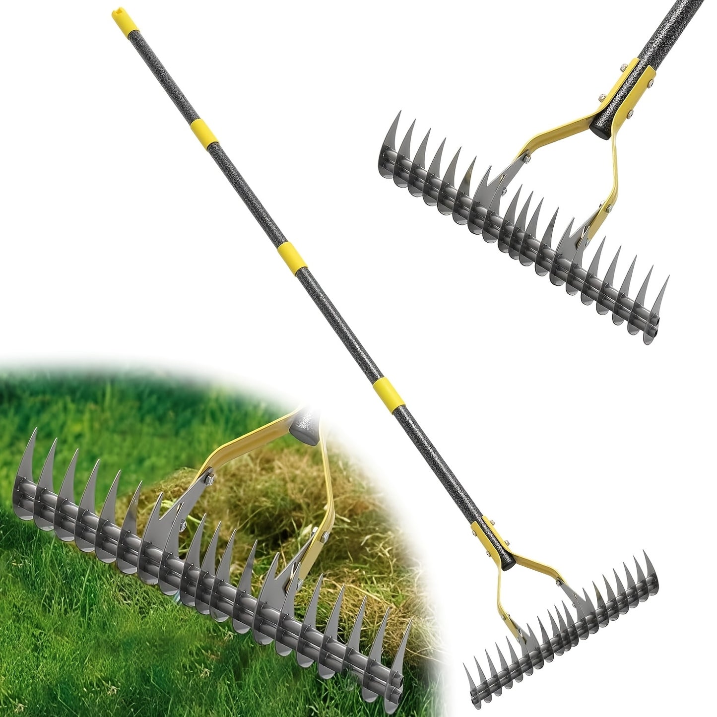 69" Heavy-Duty Metal Garden Thatch Rake with 15" Wide 19 Teeth - Professional Grade Thatching Rake for Lawn Care, Soil Loosening, Mulching