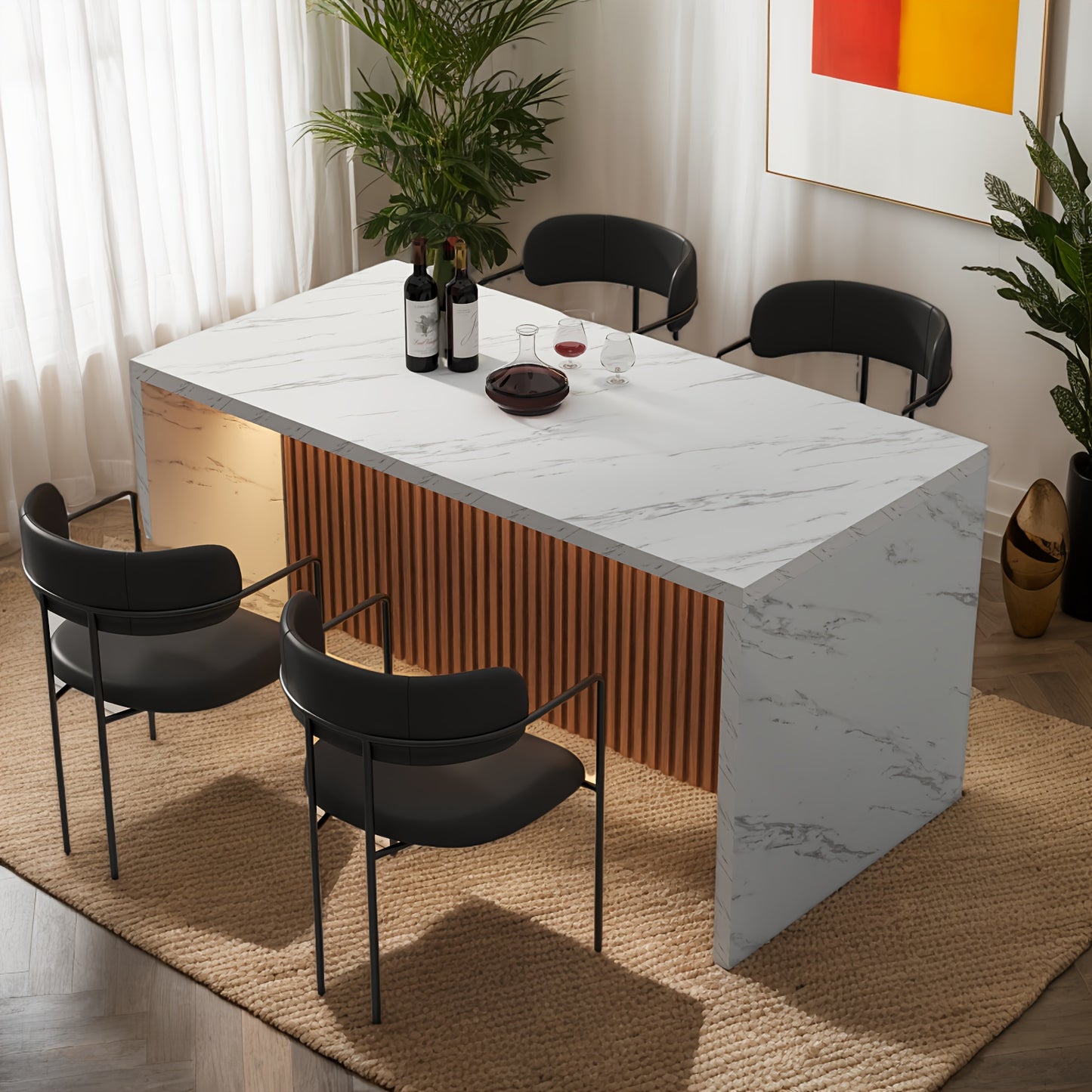 Spacious Faux Marble Dining Table Suitable for 4 to 6 Individuals, Measuring 63 Inches, Featuring a Contemporary Striped Marble Design with a Grill Pattern, Perfect for The Dining Or Living Area, And Easy to Assemble.