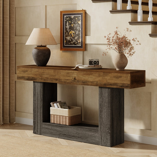 63" Narrow Long Console Table With Storage, Farmhouse 2-Tier Entryway Table With U-Shaped Base, Vintage Wood Sofa Table Behind Couch Table For Living Room, Hallway, Foyer, Rustic Brown And Grey
