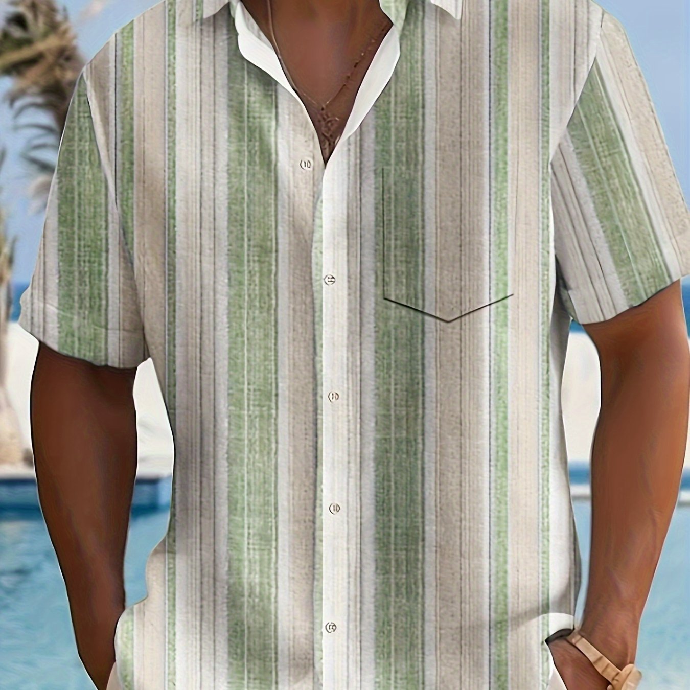 Men's Casual Short Sleeve Shirt with Full-Body Digital Print - Striped Design, Regular Fit, Button Front, All-Season Versatile Top for Casual Outings