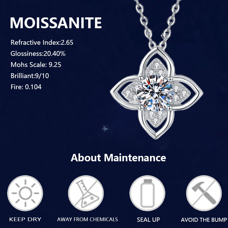 S925 silvery 1 carat four-claw round Moissanite classic and versatile Moissanite-shaped Women's fashion pendant necklace, suitable for daily wear and weddings, suitable for Valentine's Day, New Year's Day, birthday, anniversa