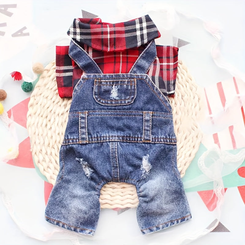 Internet Celebrity Autumn and Winter Fashion Brand Plaid Imitation Denim Pet Poodle Teddy Bear Bichon Frise  Dog Clothes