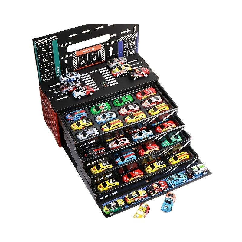 24pcs / 48pcs Pull-Back Racing Car Model Set | Various Iron Alloy Simulation Racing Include Map, Parking Lot, And Four-Story Garage | Gift Box Collector'S Edition with Rich Interactive Experience | Ideal for Christmas, Birthd