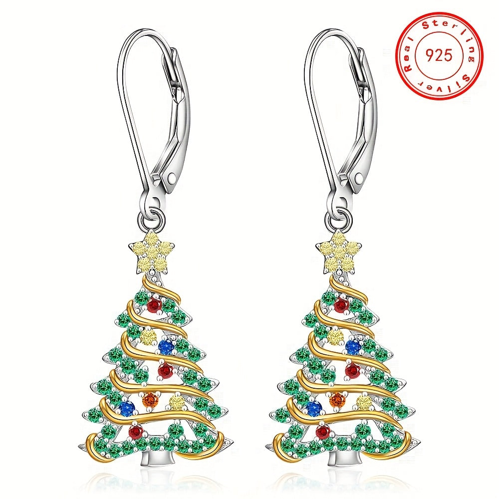 925 Sterling Silver Christmas Tree Earrings, Christmas Earrings Women Silver Ribbon, Green Christmas Tree Colorful Zirconia Frozen Earrings Earrings Holiday Jewelry Gifts for Women
