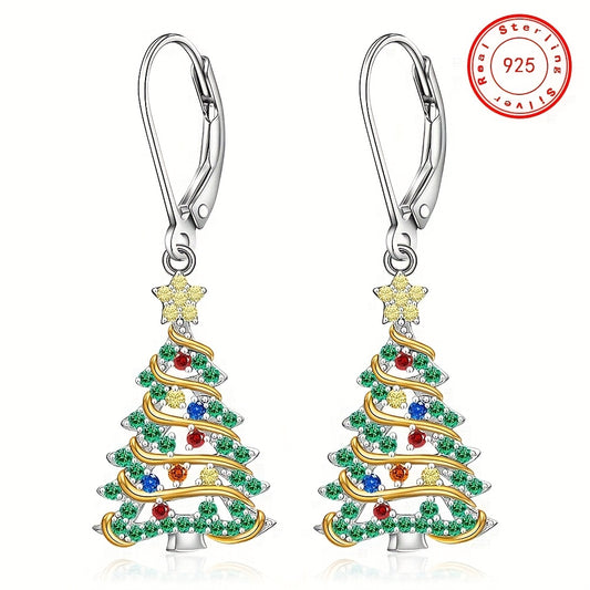 925 Sterling Silver Christmas Tree Earrings, Christmas Earrings Women Silver Ribbon, Green Christmas Tree Colorful Zirconia Frozen Earrings Earrings Holiday Jewelry Gifts for Women