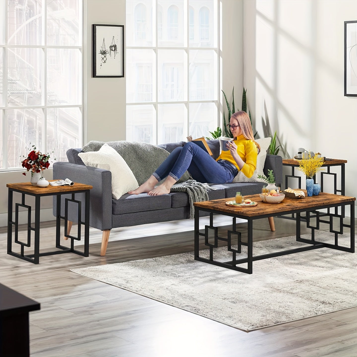 3pcs Living Room Coffee Side Table Set, Mid-Century Modern Coffee Table Set with 2 End Table for Small Space, Space-Saving Side Table Set with MDF Broad & Metal Frame for Living Room, Dining Room, Bedroom, Brown