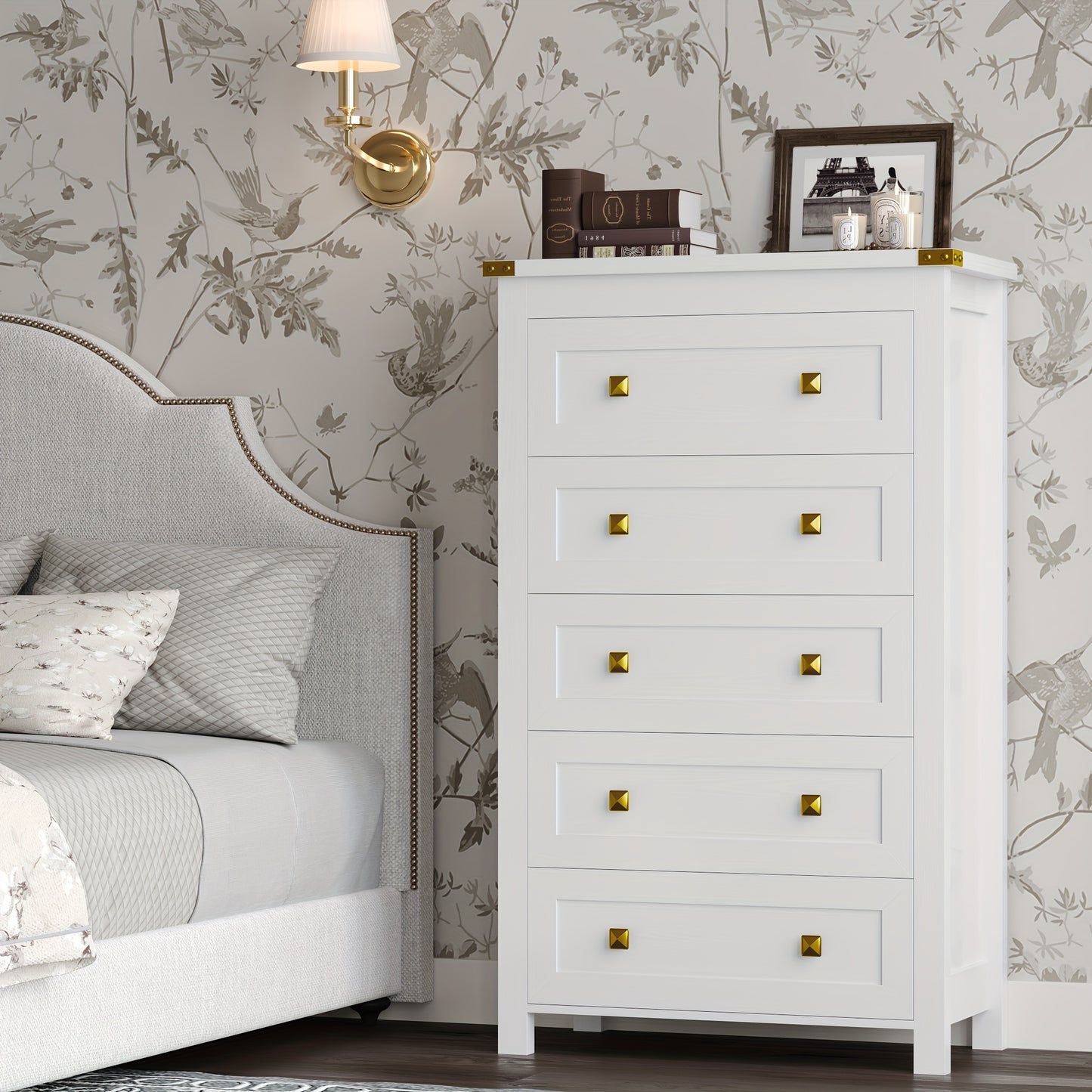 Dresser for Bedroom, Vertical 5 Drawer Dresser, Tall Wood Dresser Storage Organizer, Modern Narrow Slim Nightstand Bedside Table of Drawers for Hallway, Living Room, Dorm, Entryway