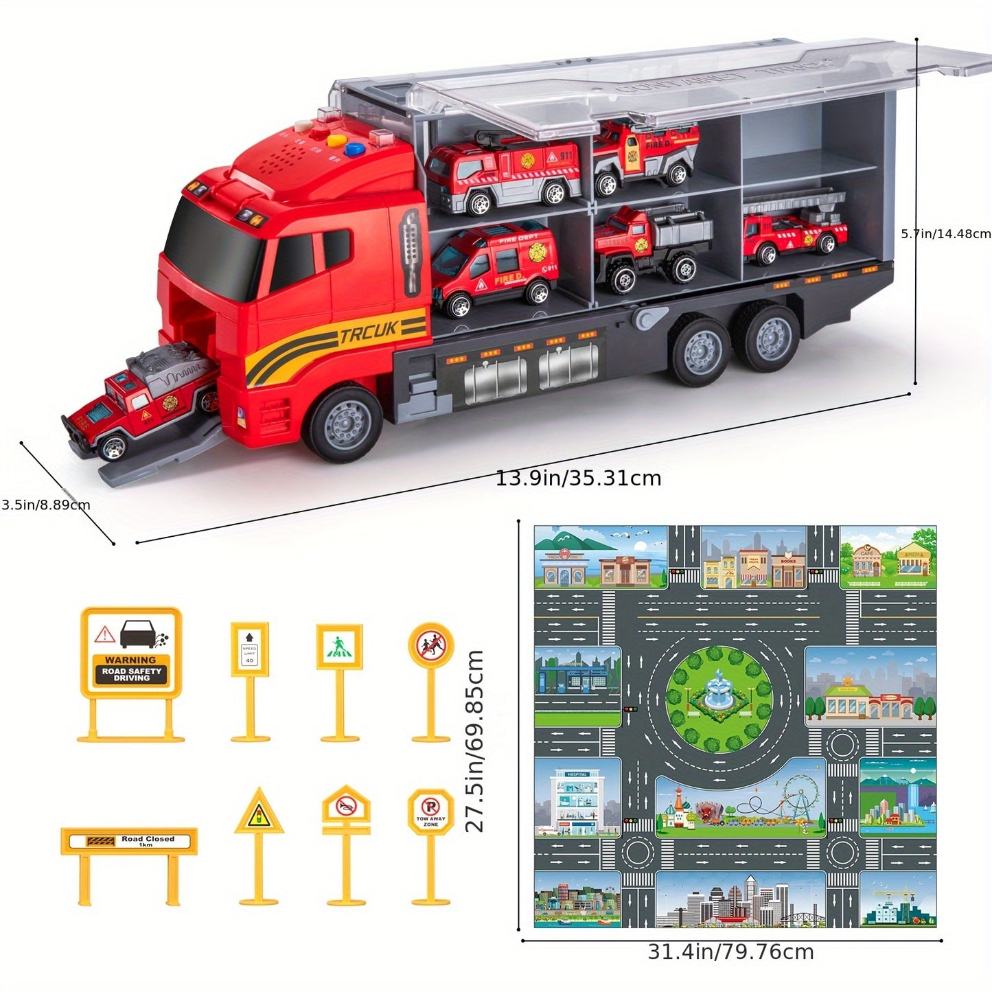 Die-Cast Metal Fire Truck Toy Set with Play Mat - Red & Black Carrier Truck, 4 Fire Engines, 2 Ladder Trucks, and 2 Rescue Vehicles - Perfect Christmas or Birthday Gift for Boys & Girls Ages 3-6, Fire Truck Toy, Playful Desig