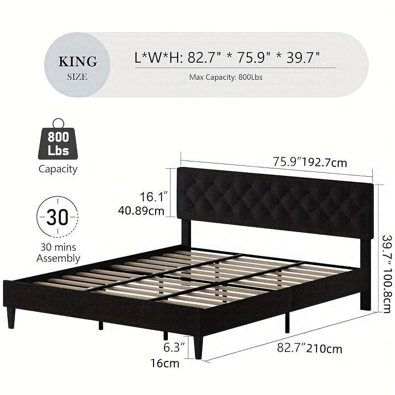 Twin/Full/Queen/King Size Bed Frame With Headboard, Linen Fabric Upholstered Bed Frame With Wood Slats(mattress Not Included), Halloween Decor, Wood Slats For Easy Assembly, Button Tufted, White/Blue/Dark Gray/Light Gray/Pink
