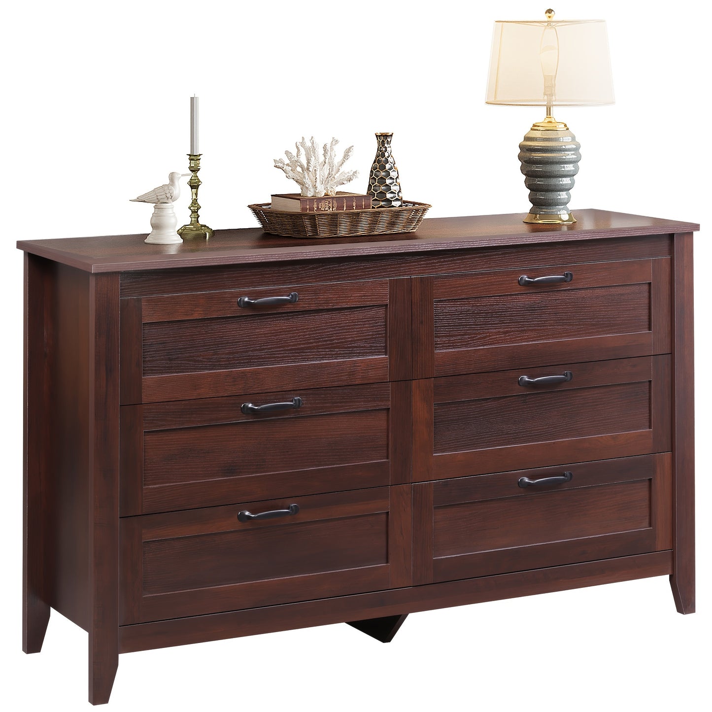 6 Drawer Dresser, Retro Chest Of Drawers with Metal Handle, Double Wood Dresser for Bedroom, Living Room, Large Storage Cabinet