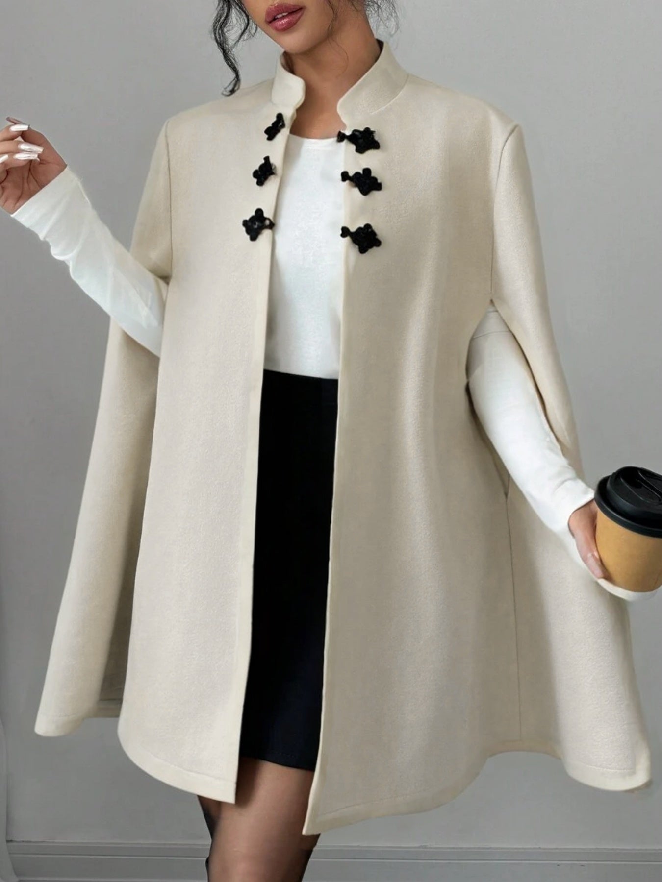 Plus Size, Plus Size Women's Elegant Chinese Cape Coat - Winter Thick Jacket with Stand Collar & Mandarin, Front Closure, Belted Waist, Machine Washable Outerwear for Weddings, Parties, Professional (Warm Coat)